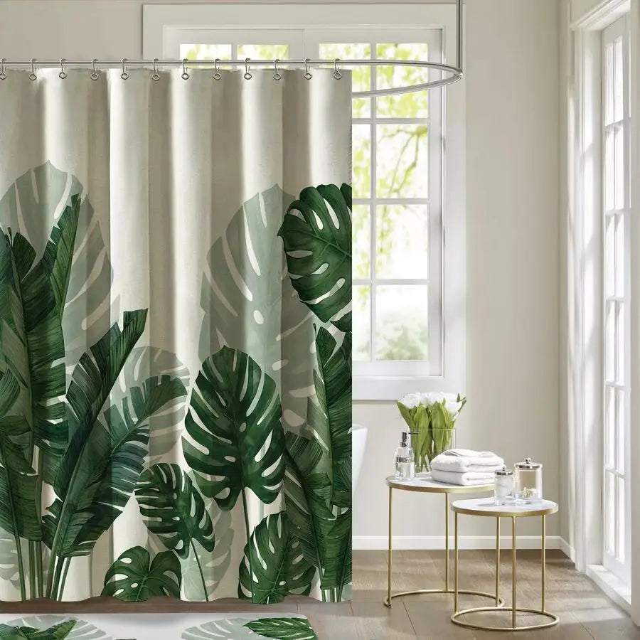 Linen Shower Curtain Long 72 W X 84 L Inch Tropical Green Leaf Shower Curtains Botanical Banana Monstera Leaf Palm Tree Waterpro
