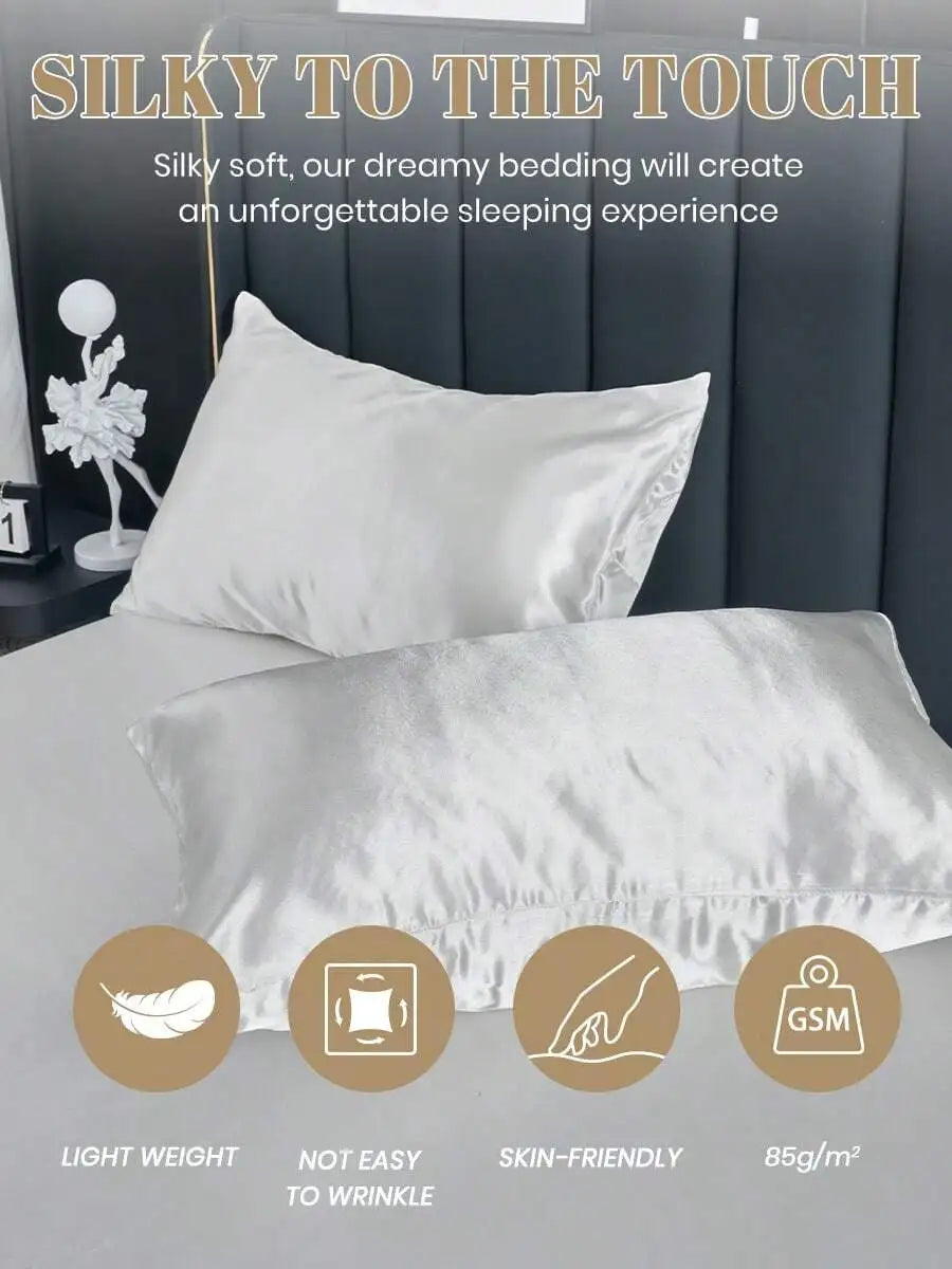 2/3pcs Satin Fitted Sheet Set with Pillowcases, Solid Color