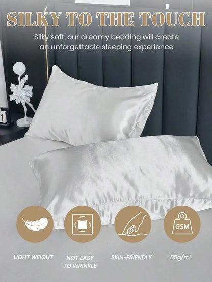 2/3pcs Satin Fitted Sheet Set with Pillowcases, Solid Color