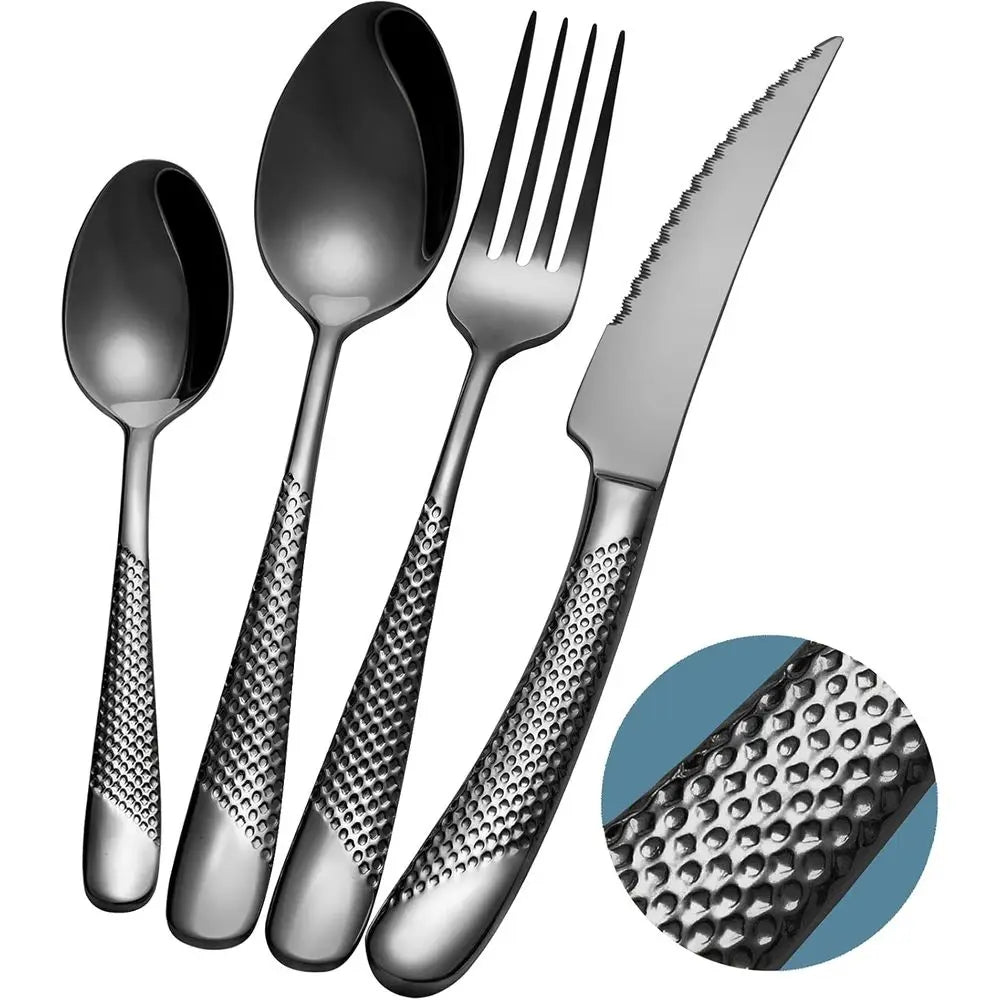 16-Piece Modern Black Hammered Silverware Set