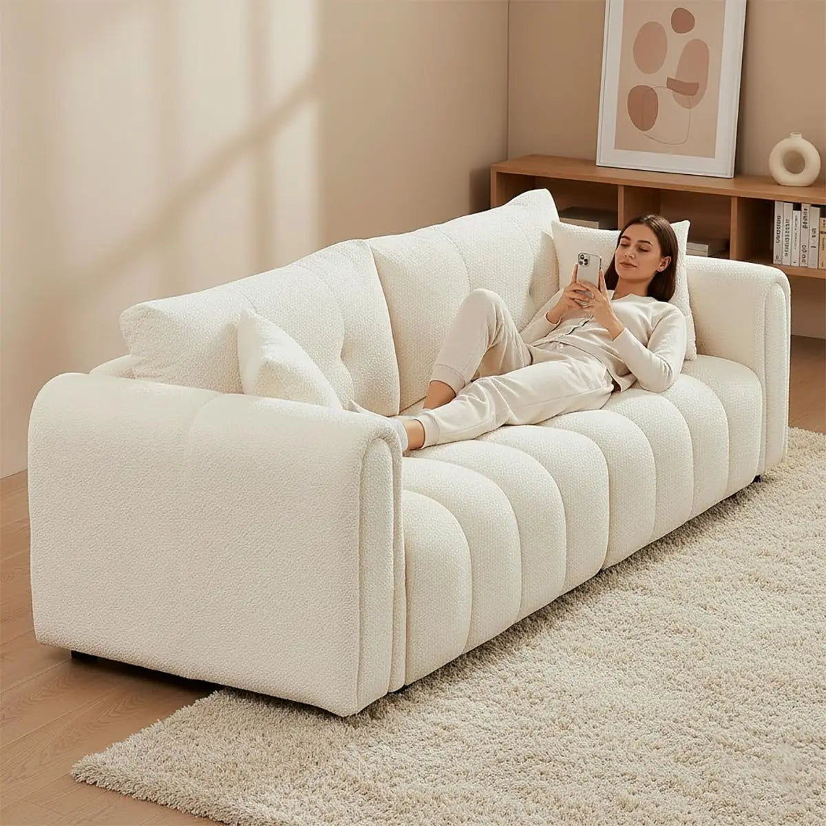 91.5" Mid-Century Modern Boucle Sofa Rolled Arms