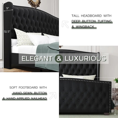 Wingback Platform Bed Frame with Tufted Headboard