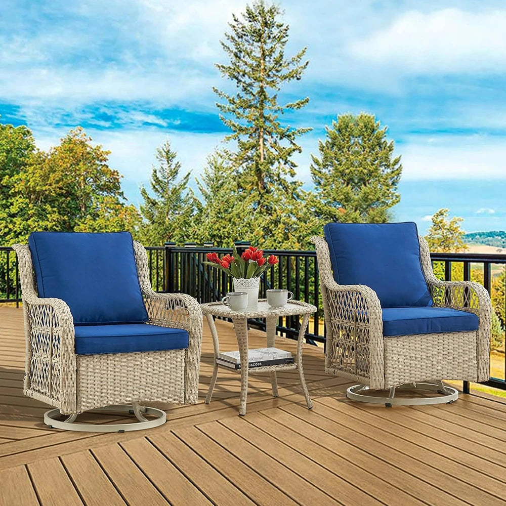 3-Piece Wicker Swivel Rocking Patio Set, 2 Chairs & Glass Table,