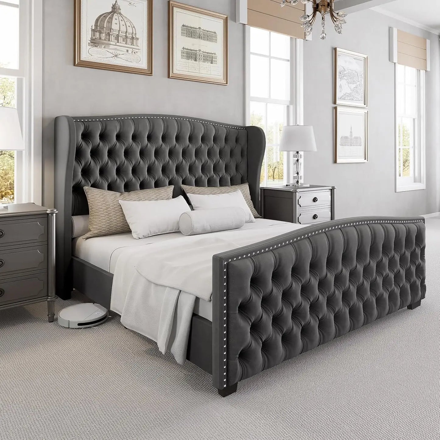 Wingback Platform Bed Frame with Tufted Headboard