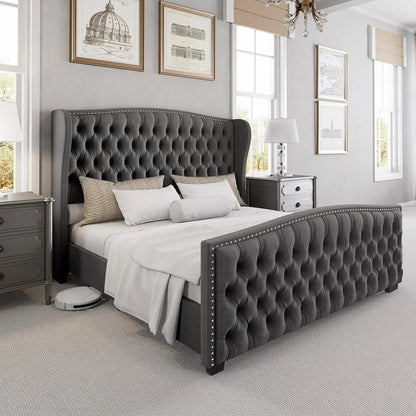 Wingback Platform Bed Frame with Tufted Headboard