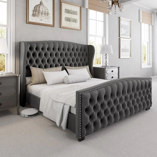 Wingback Platform Bed Frame with Tufted Headboard