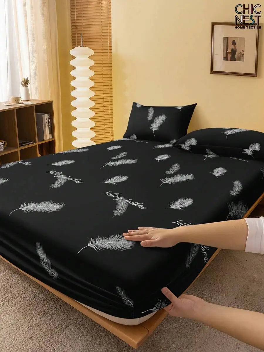 Navy Blue Ginkgo Leaf Print Fitted Sheet Set