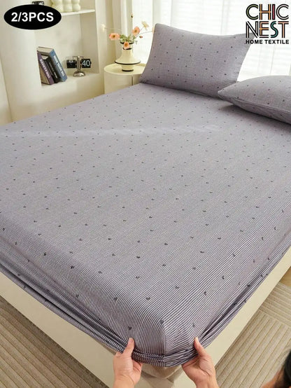 2/3pcs Khaki Striped Heart & Geometric Print Bedding Set