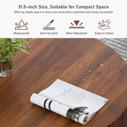 31.5" Round Coffee Table, Modern Fluted Base Wooden