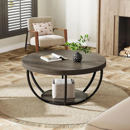 32" Circle Marble Coffee Tables, 2-Tier Golden Metal Legs Accent