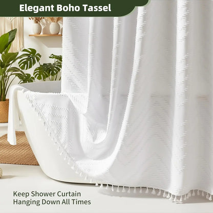 White Boho Shower Curtain Fabric Textured