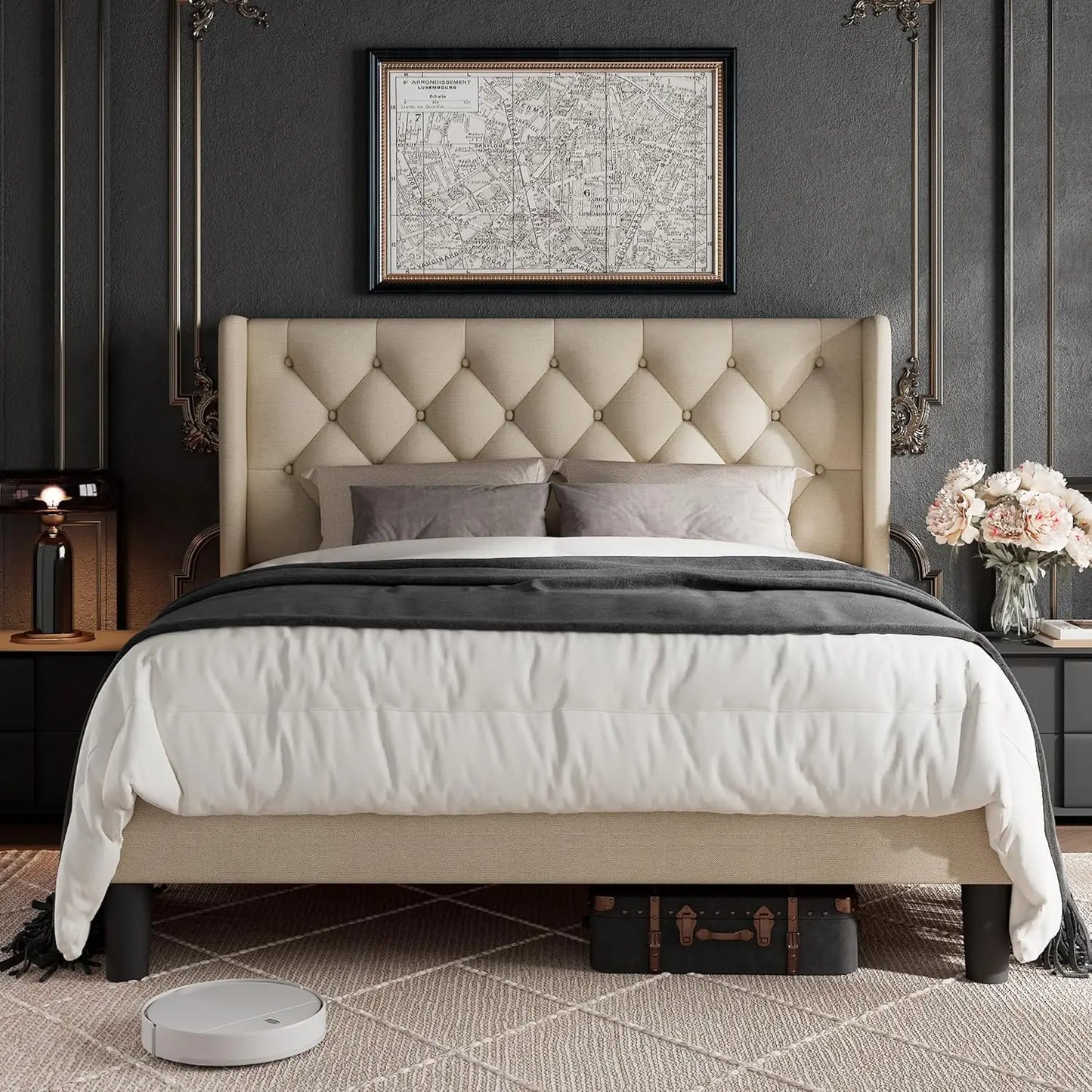 Queen Size Bed Frame with Button Tufted Upholstered Headboard