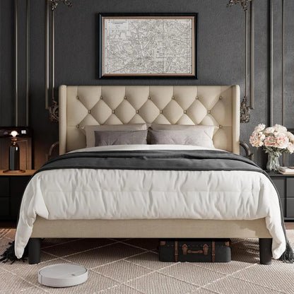 Queen Size Bed Frame with Button Tufted Upholstered Headboard