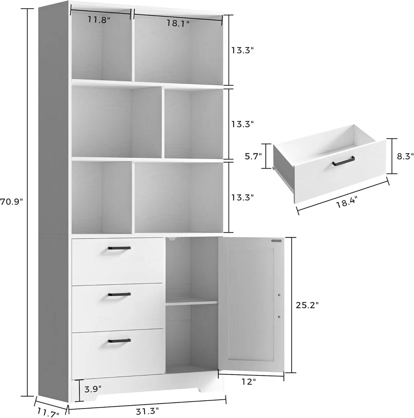 70.9 inch Tall Bookcase with Drawers & Doors, Cube Bookshelves