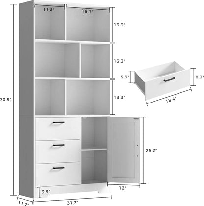70.9 inch Tall Bookcase with Drawers & Doors, Cube Bookshelves