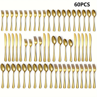 60pcs, Black Silverware Mirror Polished Cutlery Set
