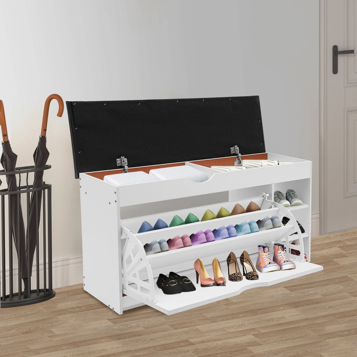 3-Tier Shoe Bench Rack W/Cushioned Seat, for Home Entrance