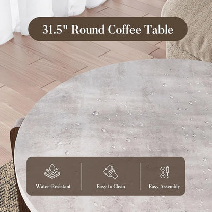 Modern Round Coffee Table & Side Table Set, Faux Marble Top, Walnut  Legs,