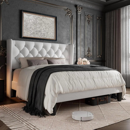 Queen Size Bed Frame with Button Tufted Upholstered Headboard