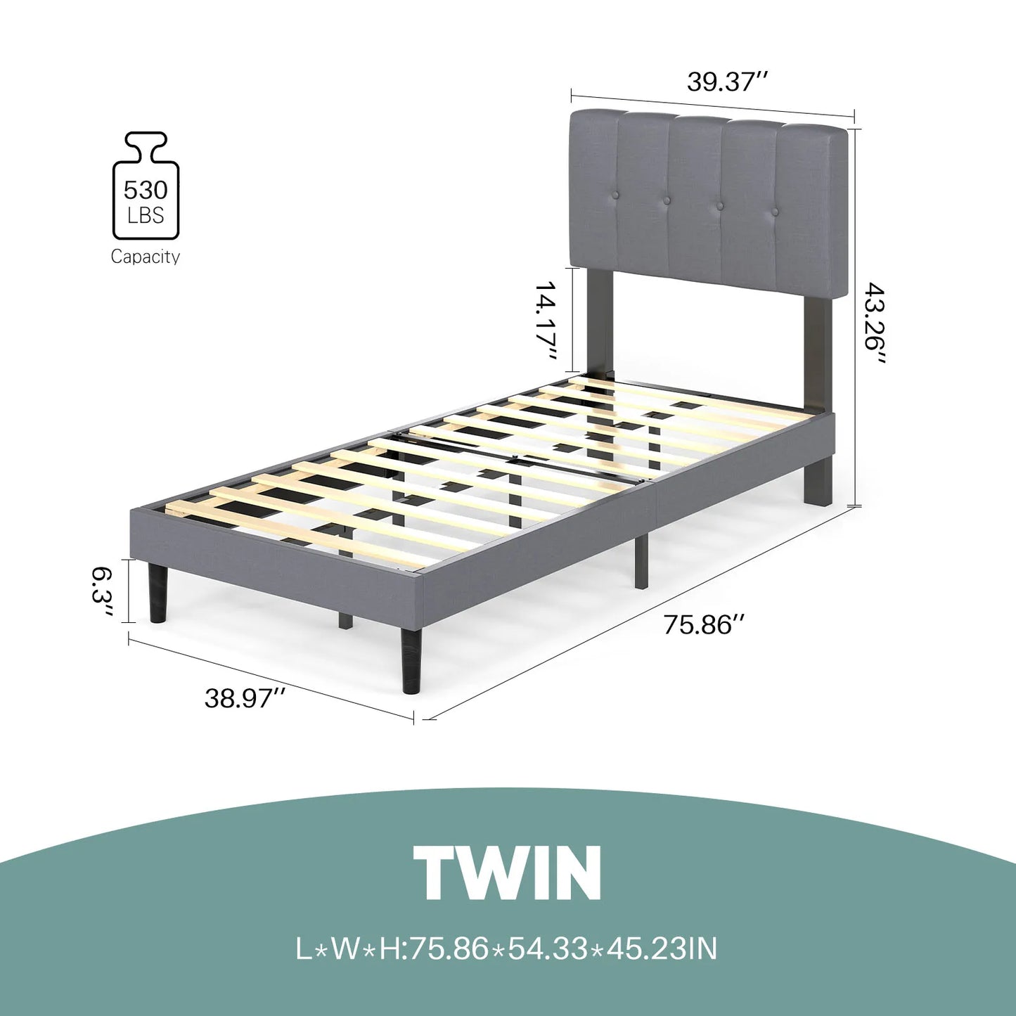 Wooden Solid Bed Frame with Fabric Upholstered