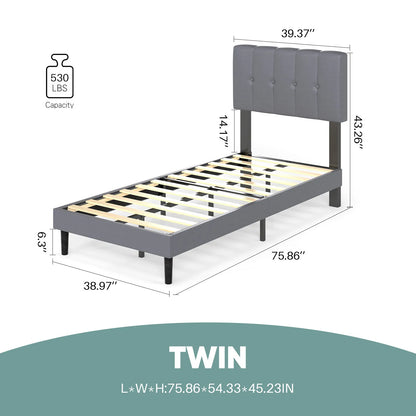 Wooden Solid Bed Frame with Fabric Upholstered