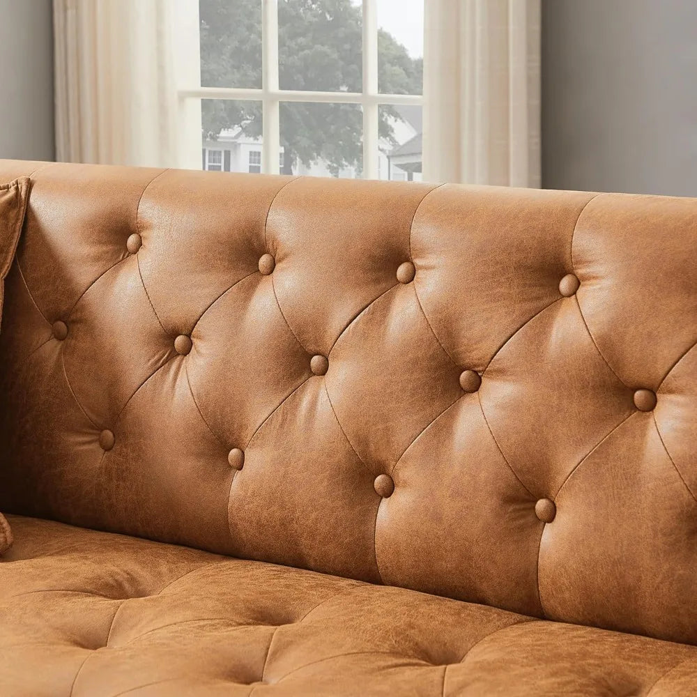79" W Brown Faux Leather Sofa Couch with 2 Pillows