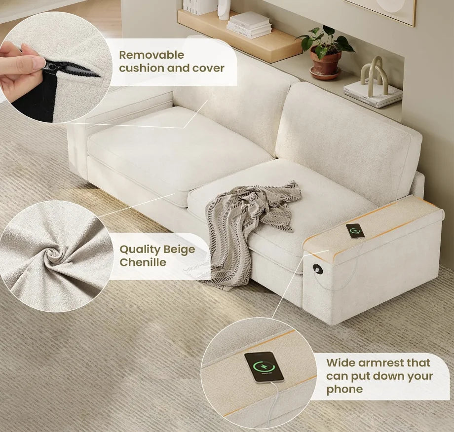 Modern Sofas Couches, with Storage and 2 USB Charger Ports