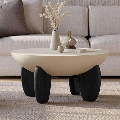 Round Concrete Coffee Table with Premium Walnut Ash Wood Legs