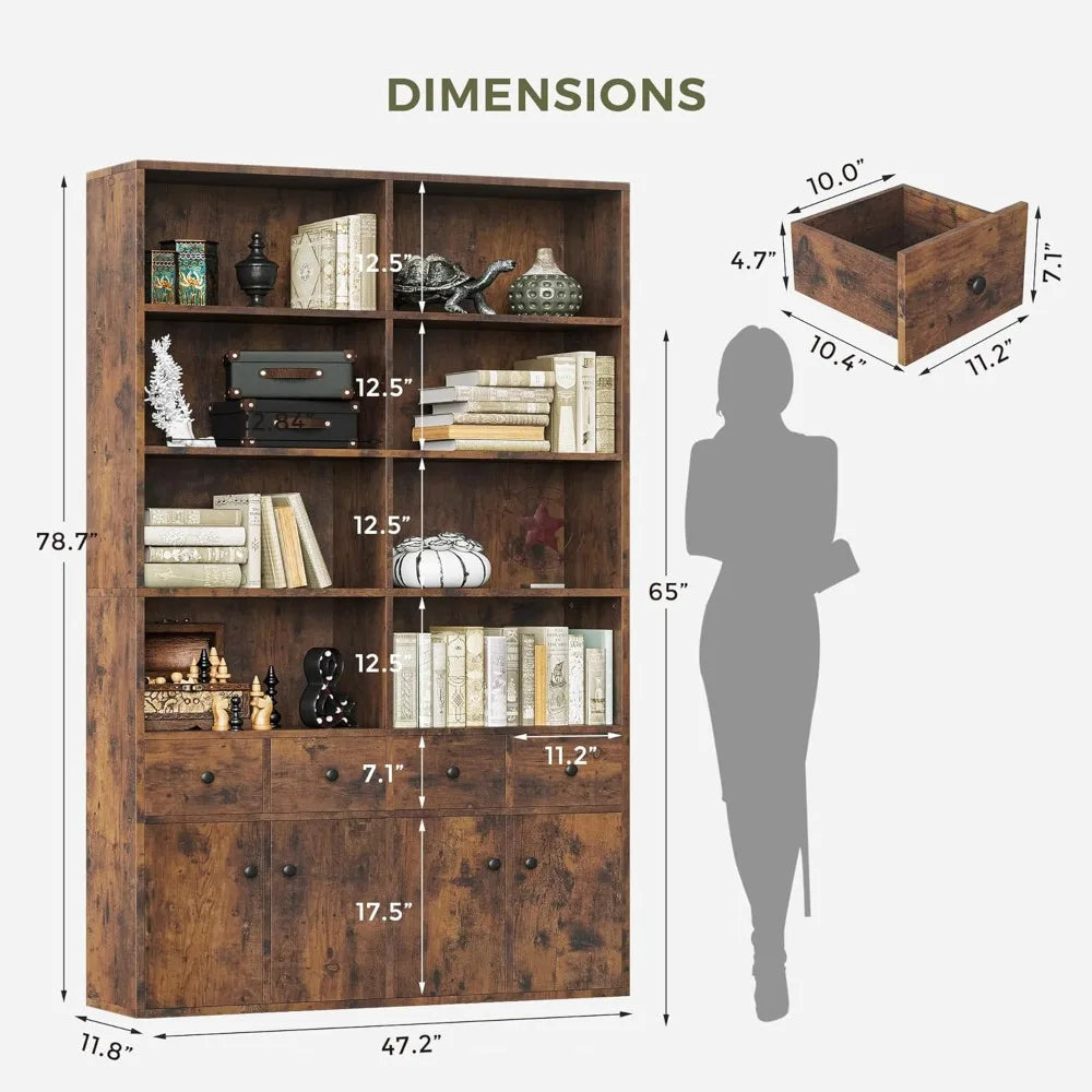 78.7" Bookcase with 4 Drawers and 4 Doors