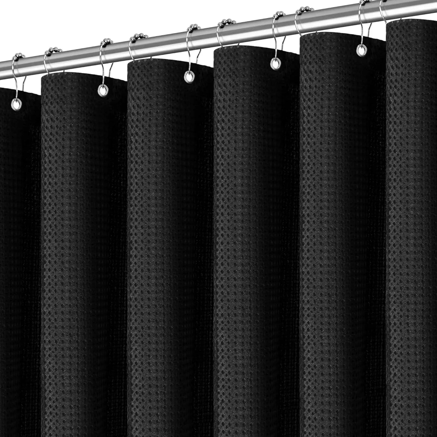 Black Waffle Shower Curtain 256GSM Heavy Duty Fabric Bathroom Curtain with 12 Hooks, 72x72