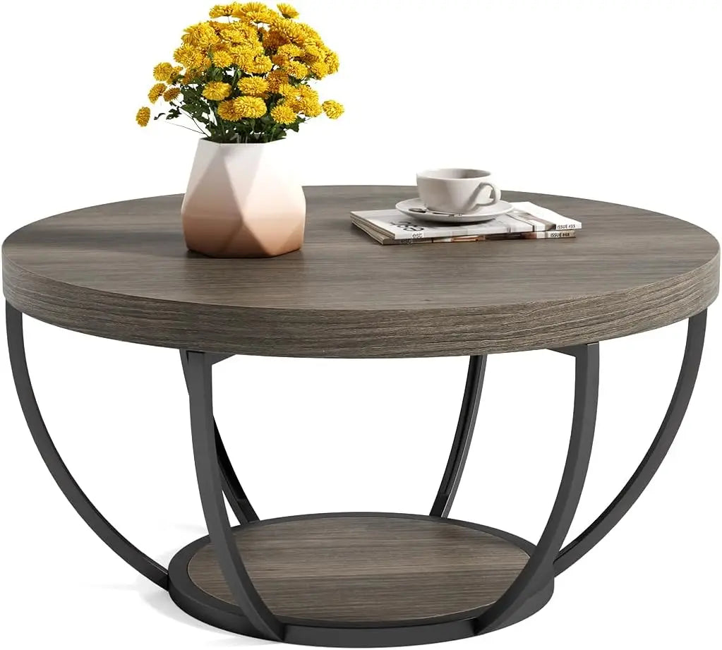 32" Circle Marble Coffee Tables, 2-Tier Golden Metal Legs Accent