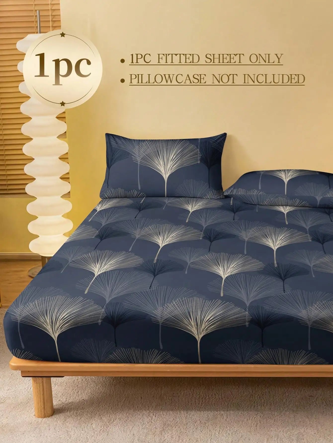 Navy Blue Ginkgo Leaf Print Fitted Sheet Set