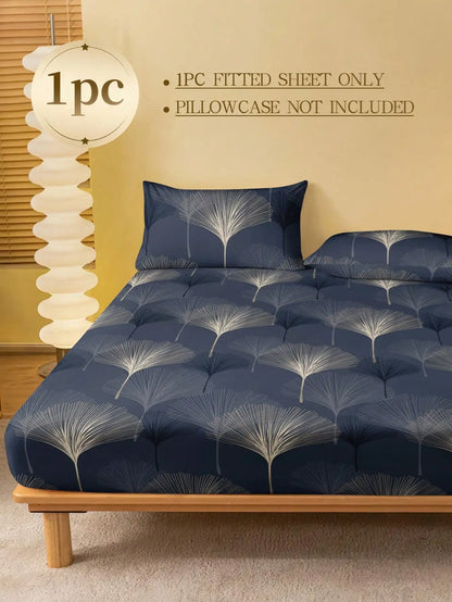 Navy Blue Ginkgo Leaf Print Fitted Sheet Set