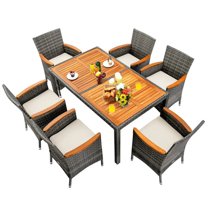 7 PCS Outdoor Patio, Garden Dining Set w/Acacia Wood Table Top