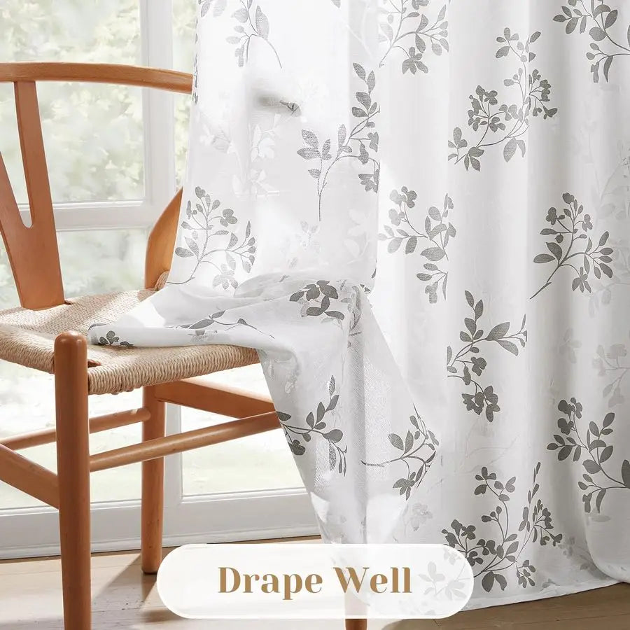 Semi Sheer Curtains, White and Grey Printed Leaves Floral