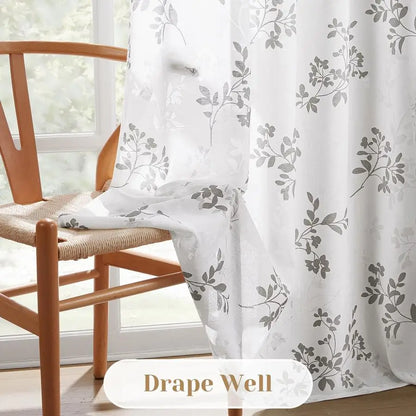 Semi Sheer Curtains, White and Grey Printed Leaves Floral