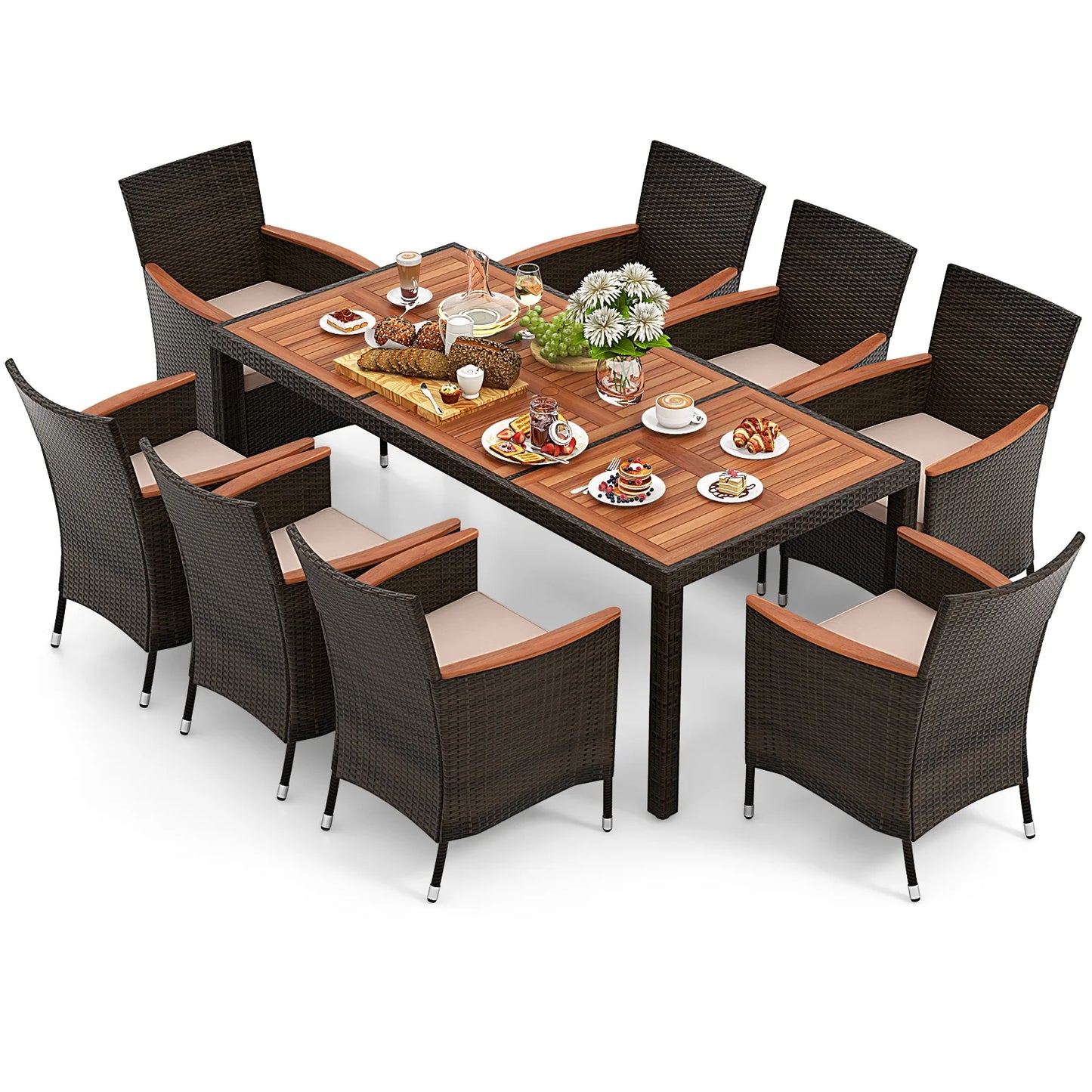 9PCS Patio Wicker Dining Set, Acacia Wood Table Top
