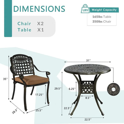 3 Piece Outdoor Patio Set, Cast Aluminum