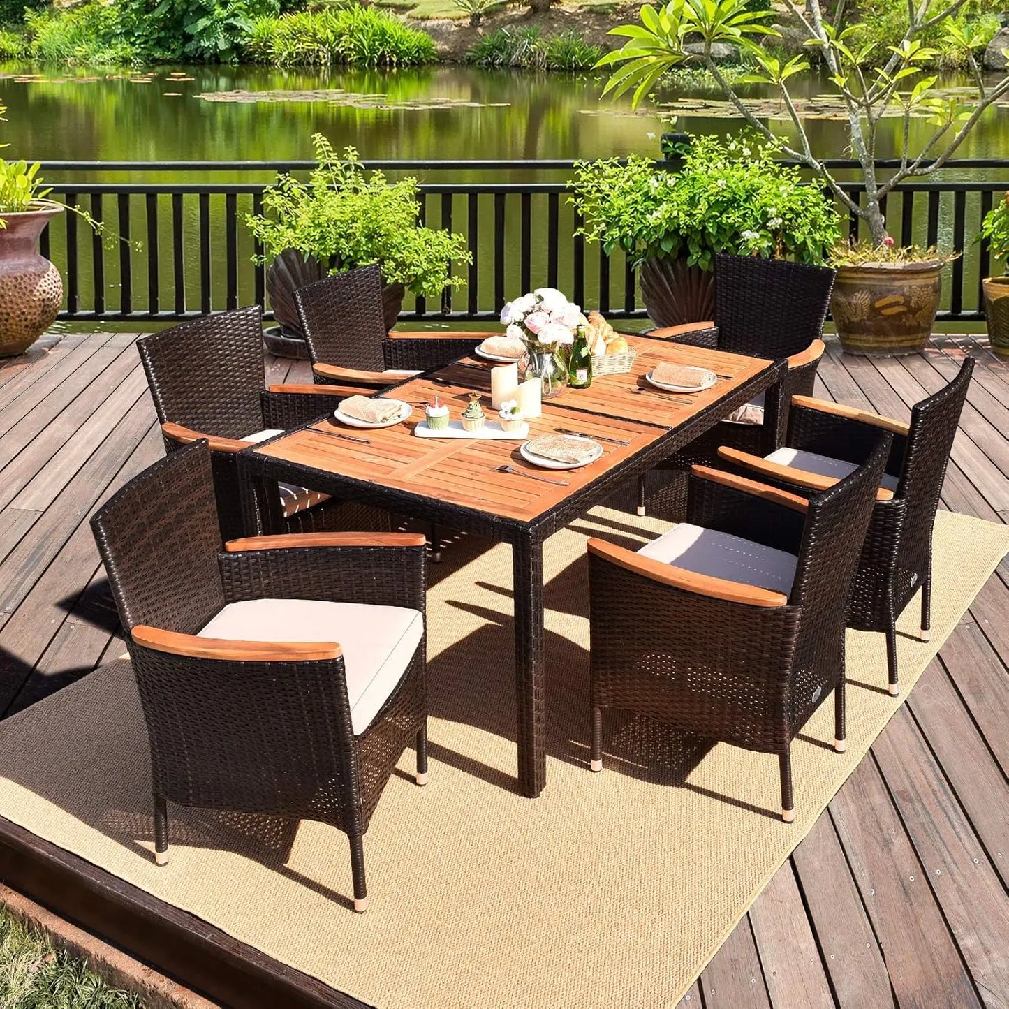7 PCS Outdoor Patio, Garden Dining Set w/Acacia Wood Table Top