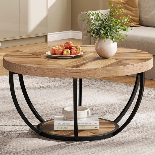32" Circle Marble Coffee Tables, 2-Tier Golden Metal Legs Accent