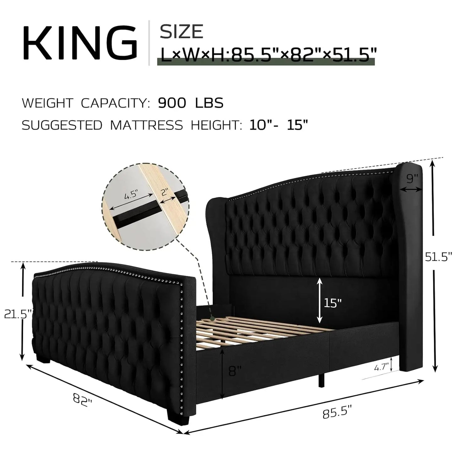 Wingback Platform Bed Frame with Tufted Headboard