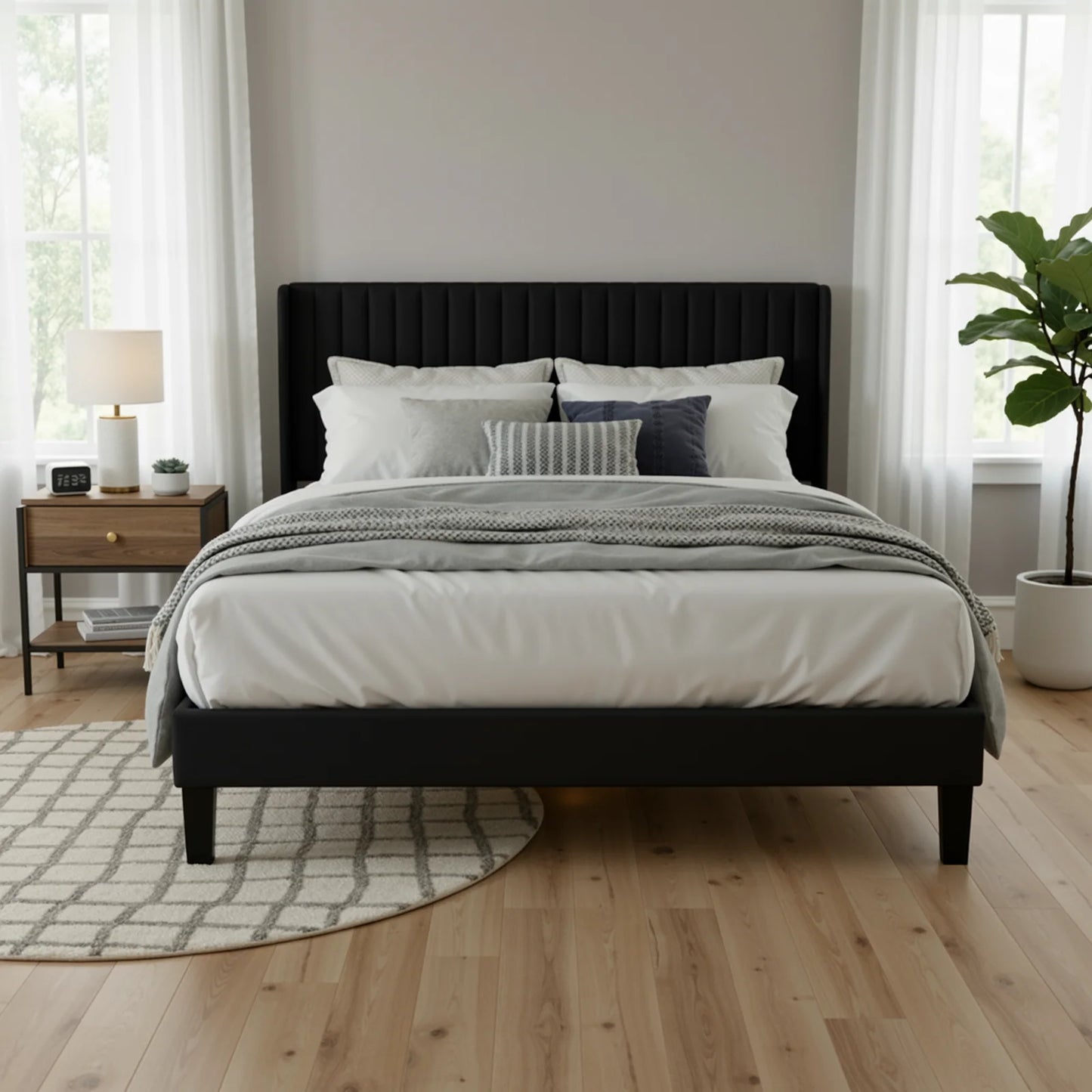 Velvet Upholstered Bed Frame with Vertical Channel Tufted Wingback Headboard
