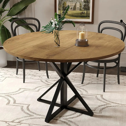 47" Round Dining Table for 4, Wood Top, Metal Pedestal