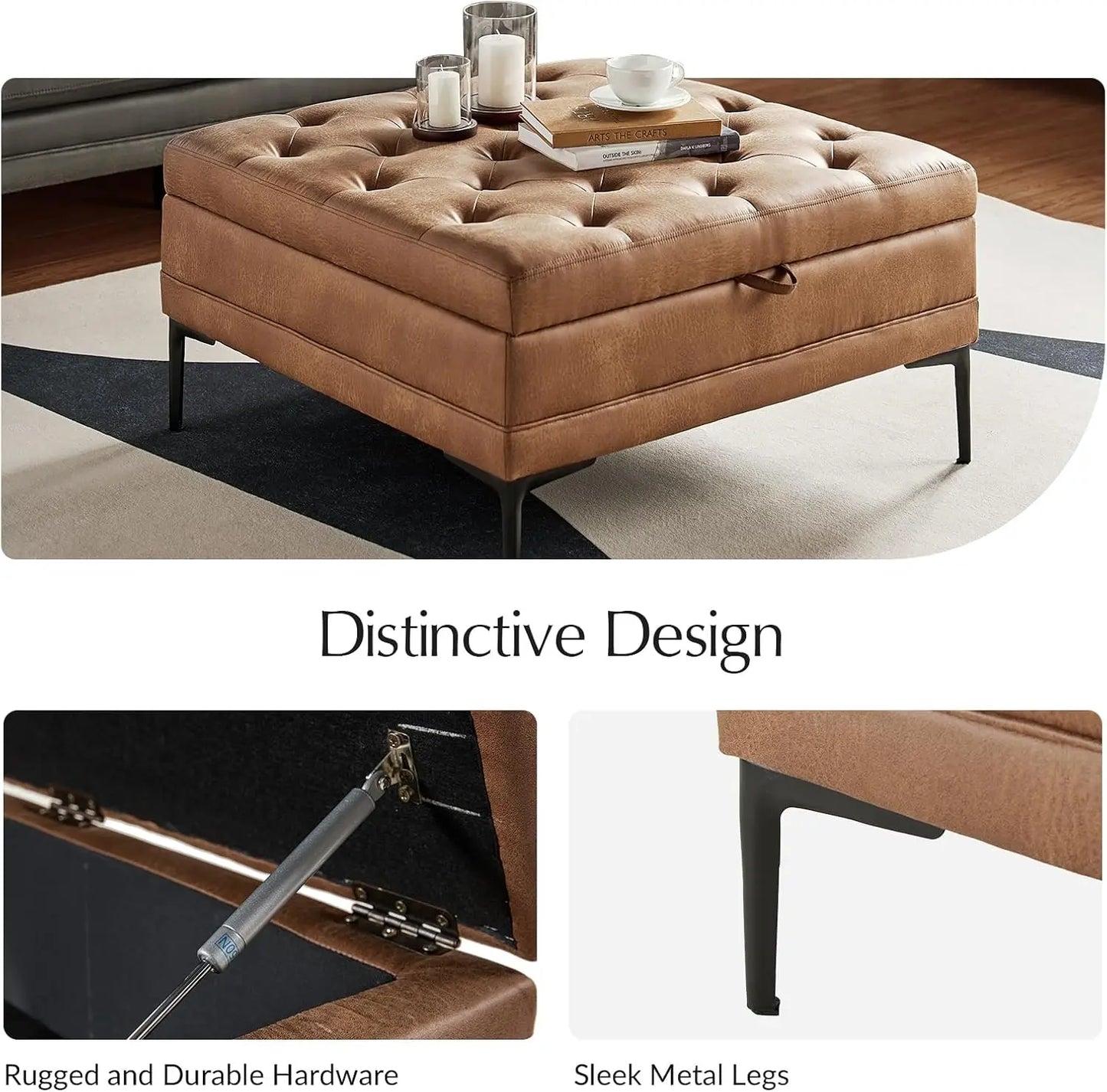 Faux Leather Coffee Table, 36.5" Square Storage Ottoman