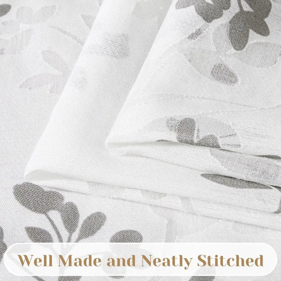 Semi Sheer Curtains, White and Grey Printed Leaves Floral