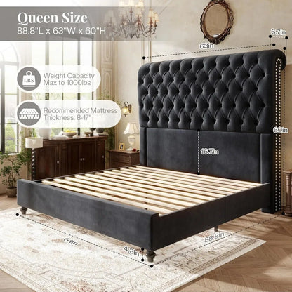 Queen Size Bed Frame with Velvet Headboard, Handcrafted Tufted Design