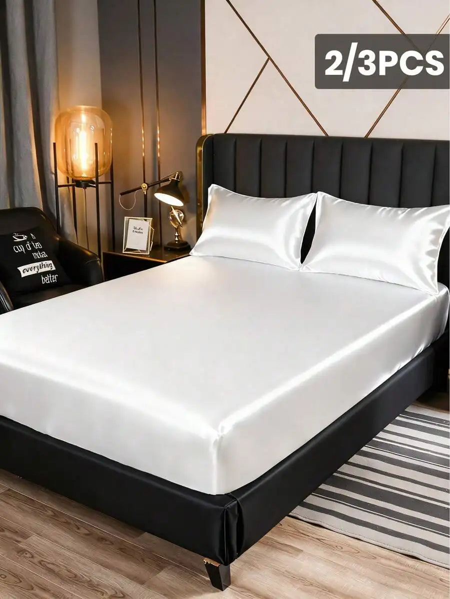 2/3pcs Satin Fitted Sheet Set with Pillowcases, Solid Color