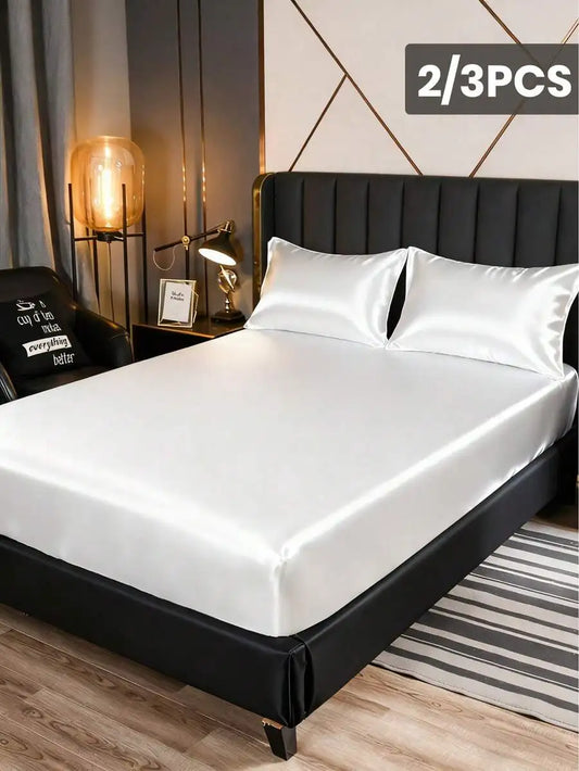 2/3pcs Satin Fitted Sheet Set with Pillowcases, Solid Color