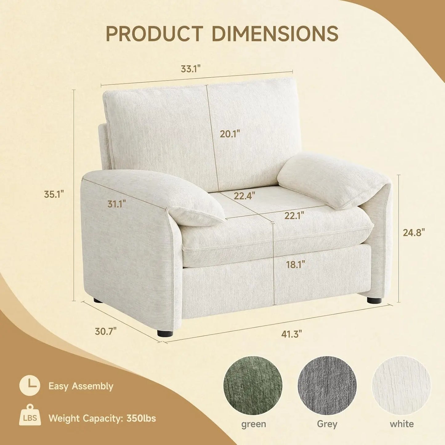 Oversized Accent Chair, 41 Inch Chenille Fabric Armchair