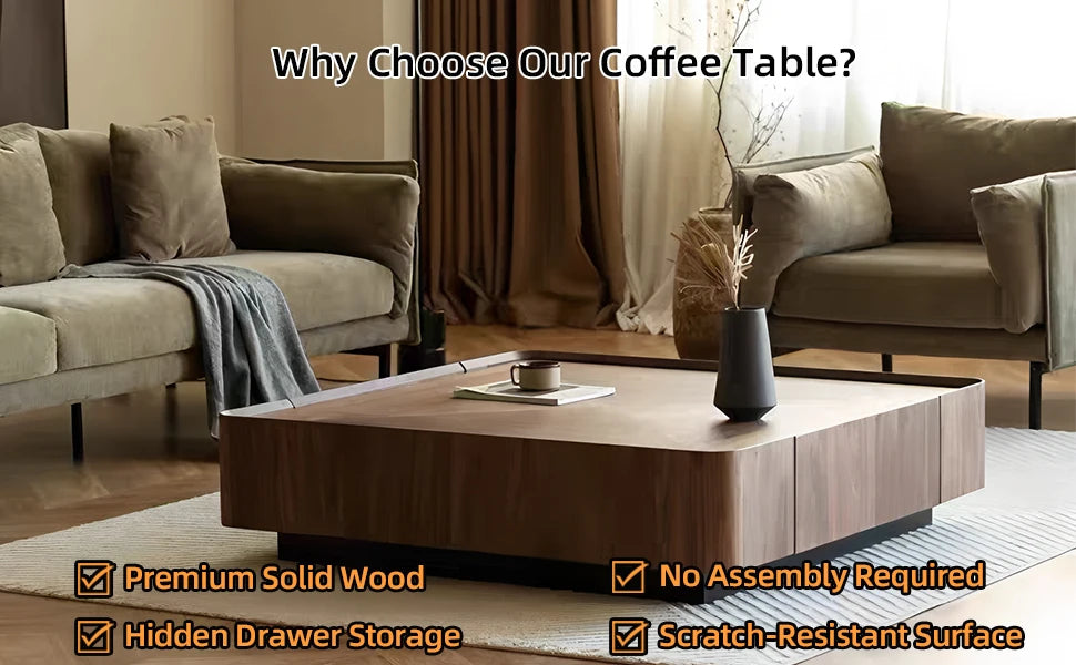 35.43" Luxury Walnut Wood Square Coffee Table, 
 Storage